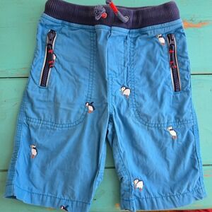 Mini Boden Kids Blue Penguin Embroidered Shorts Size 6Y Elastic Waist Drawstring